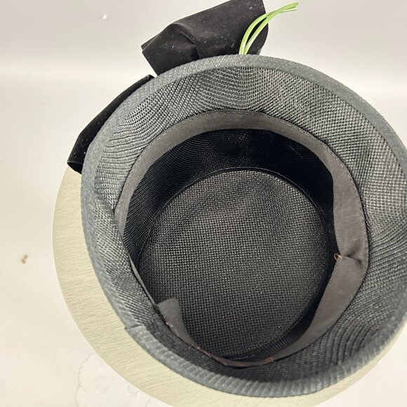 Vintage 1960s Black Straw Bucket Hat  with Large White Flower & Velvet  Ribbon main image 6